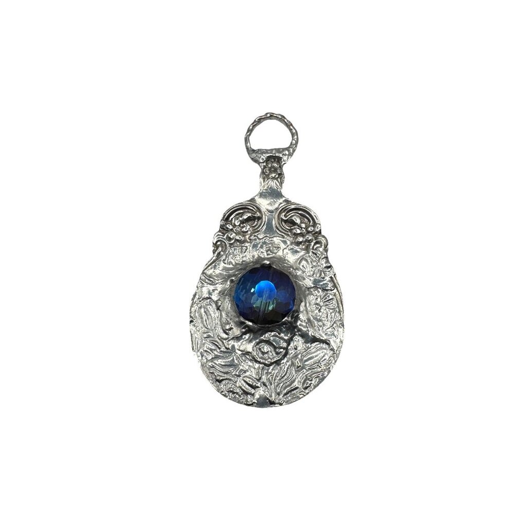 Vintage Daisy 1910 Silver Plated Spoon Pendant Necklace W/ Blue Crystal & Suede - Picture 3 of 12